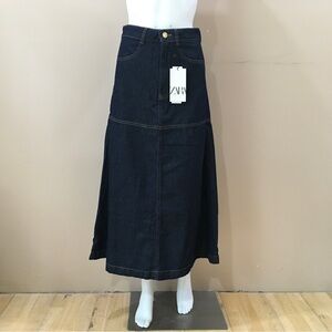 Zara a line Skirt midi denim dark wash blue size Xs new